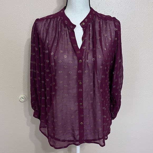 SOLD E Anthropologie Moulinette Soeurs Plum Gold Metallic Sheer Button Up Blouse - Picture 2 of 10
